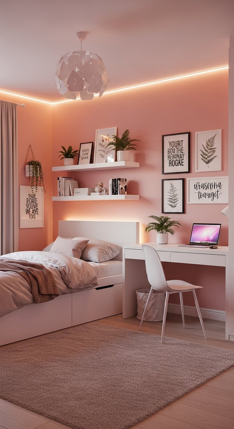 Chambre rose corail avec un éclairage LED indirect au plafond et un bureau blanc moderne