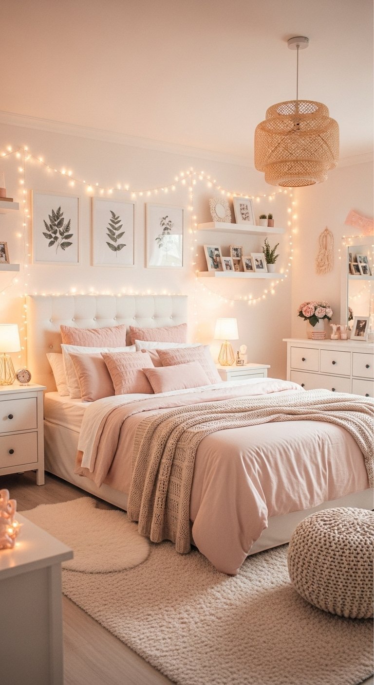Chambre rose poudré avec des guirlandes lumineuses et un pouf en maille