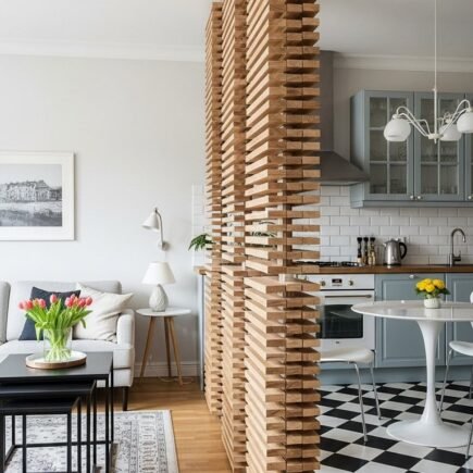 Claustra design fait de lames de bois verticales pivotantes