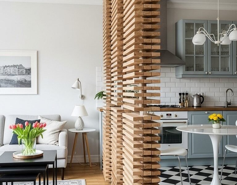 Claustra design fait de lames de bois verticales pivotantes