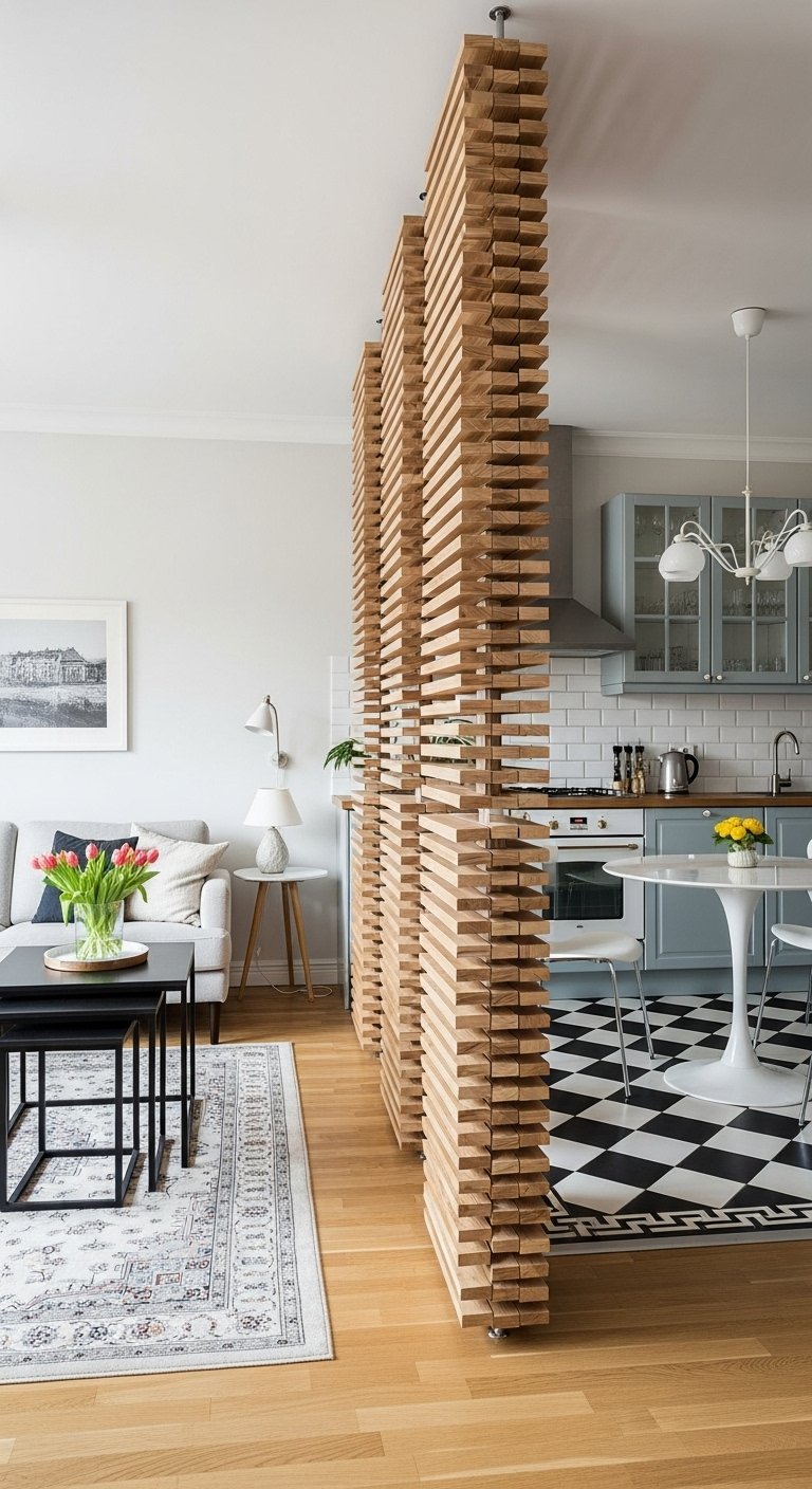 Claustra design fait de lames de bois verticales pivotantes