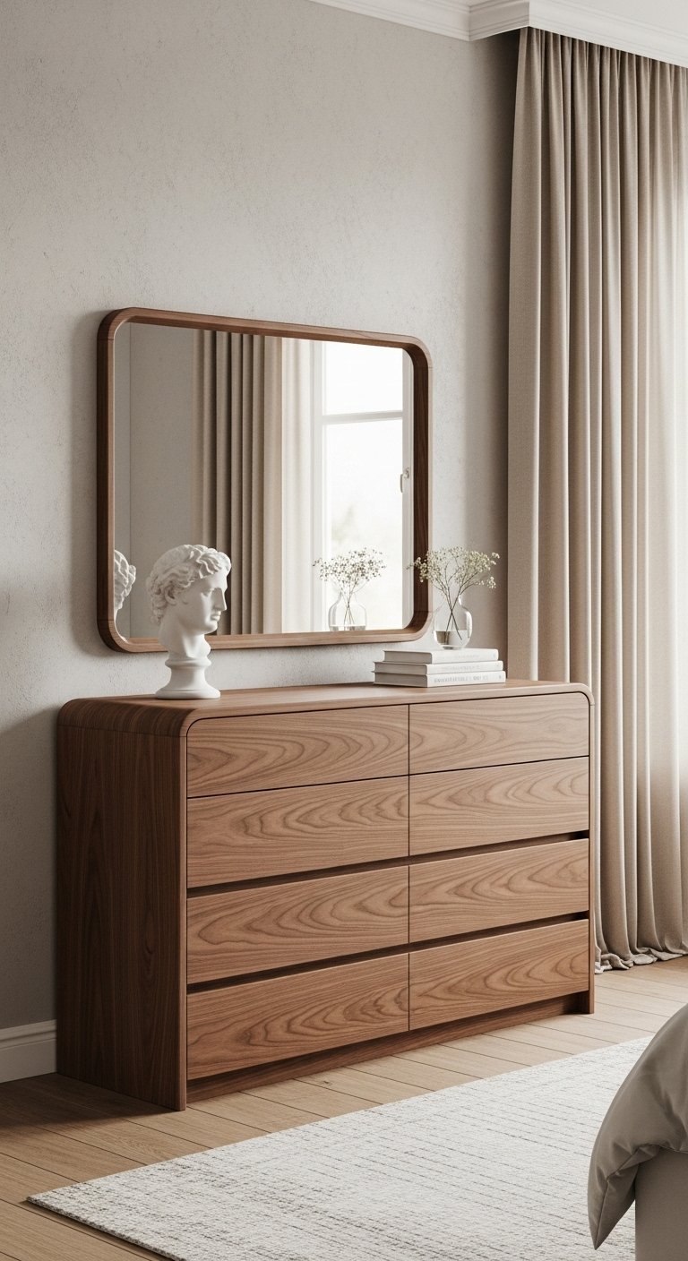 Commode moderne en bois de noyer foncé avec des angles arrondis