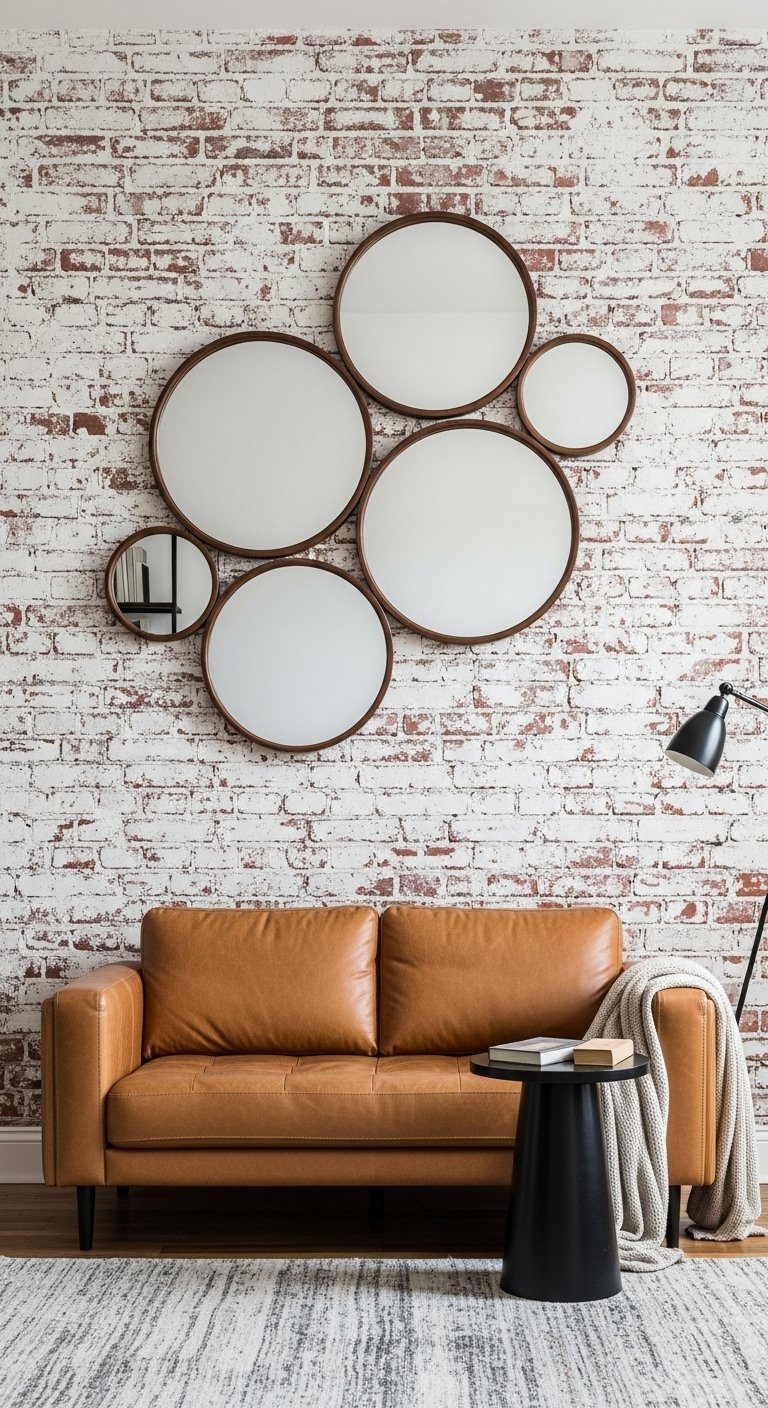 Composition de miroirs ovales avec cadre en bois sur un mur de briques blanches