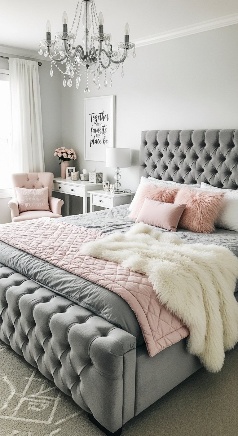 Décoration chambre femme avec lit capitonné en velours gris et touches de rose