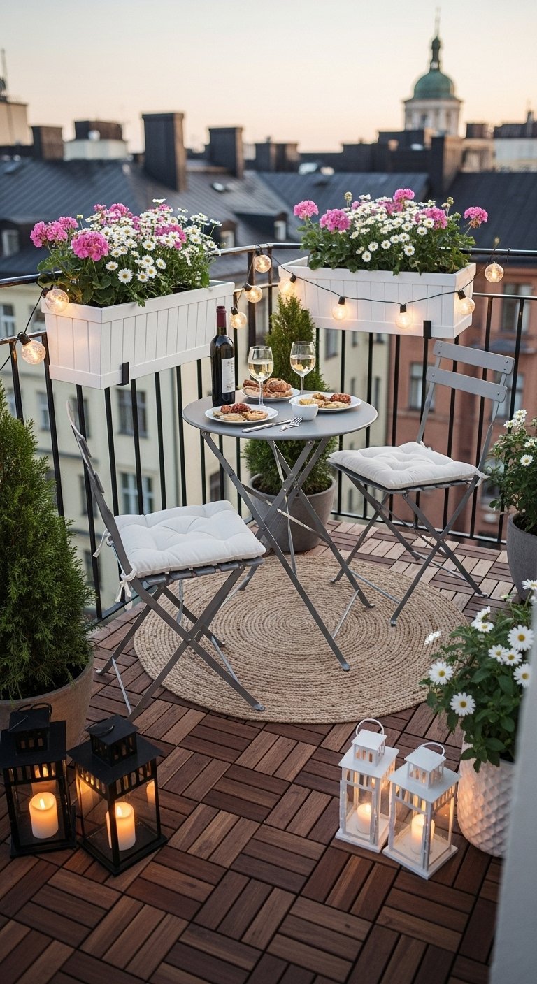 Decoration petit balcon ambiance diner romantique avec mobilier pliant gris et guirlandes lumineuses