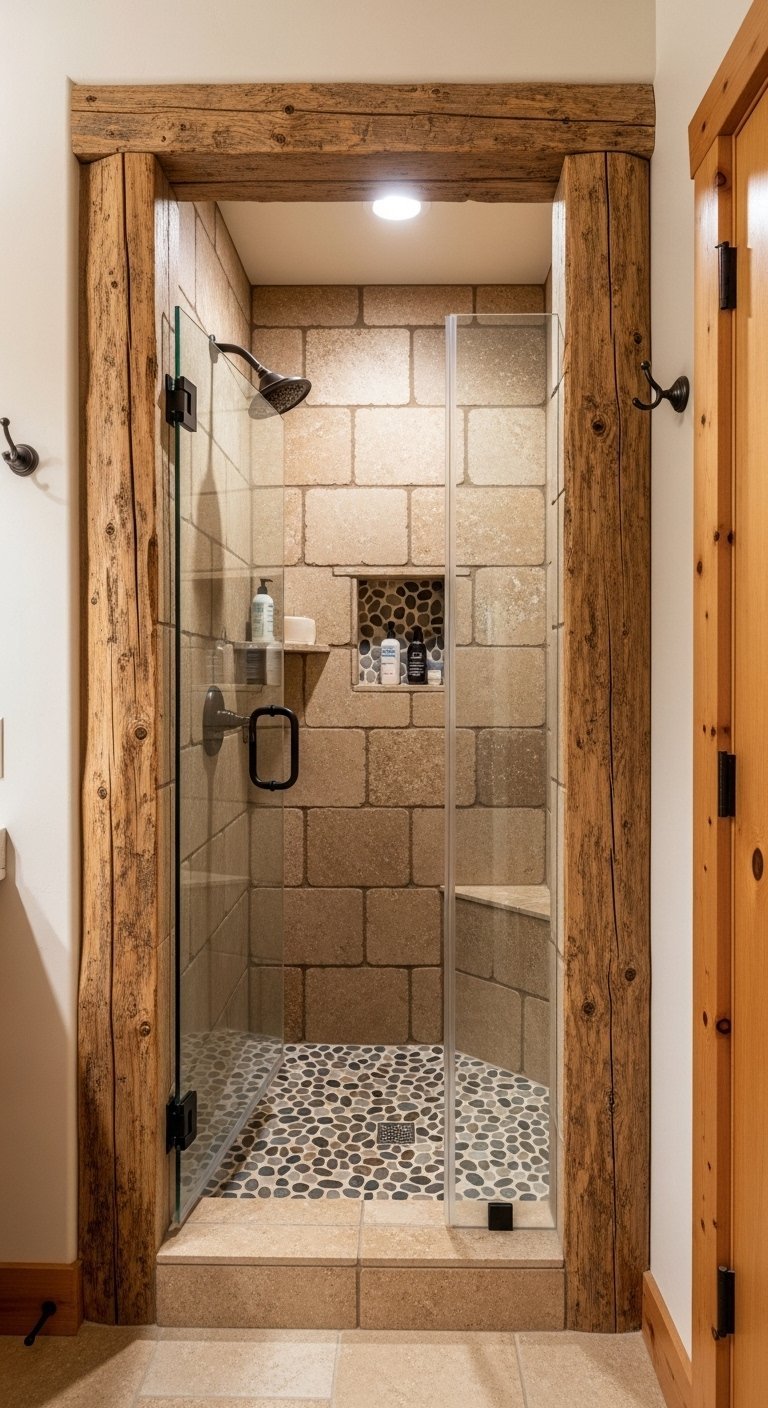 Douche italienne avec murs en blocs de pierre et sol en galets encadree de bois brut
