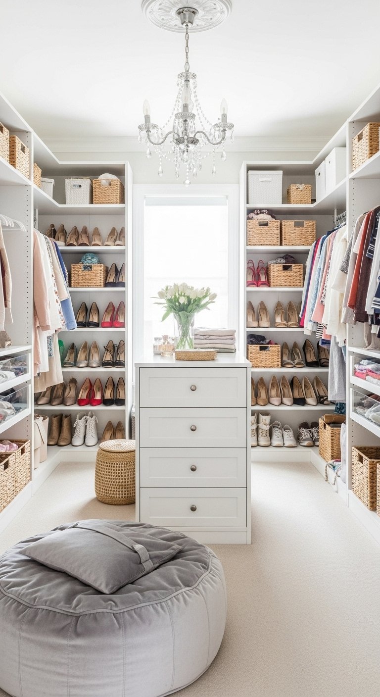 Dressing blanc en U avec paniers de rangement en osier et petite commode