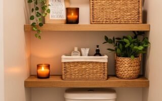 Etagere en bois au dessus des toilettes avec paniers en osier