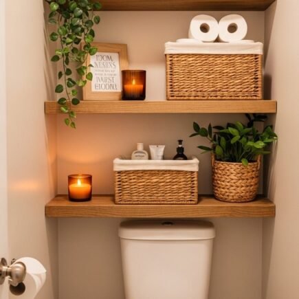 Etagere en bois au dessus des toilettes avec paniers en osier