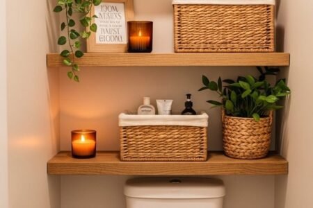 Etagere en bois au dessus des toilettes avec paniers en osier