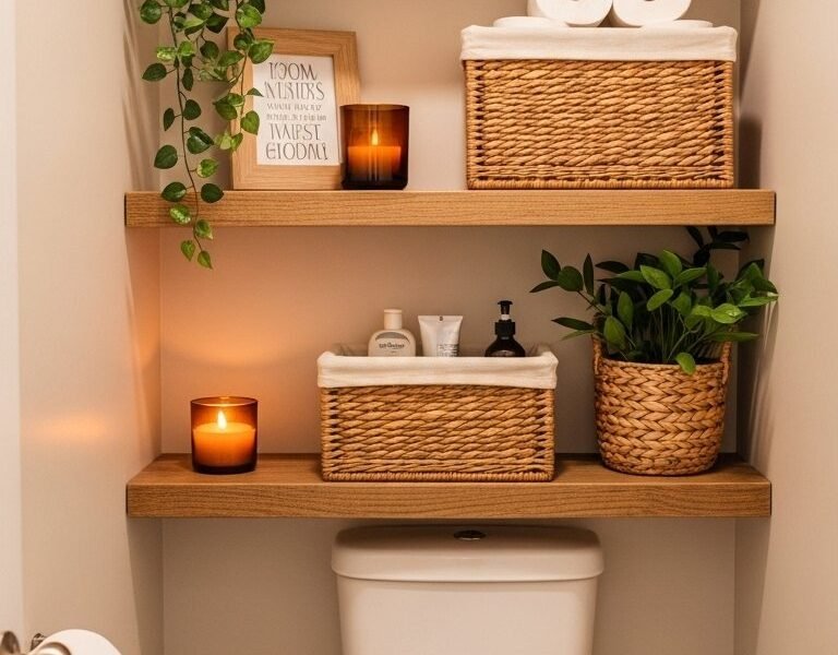 Etagere en bois au dessus des toilettes avec paniers en osier