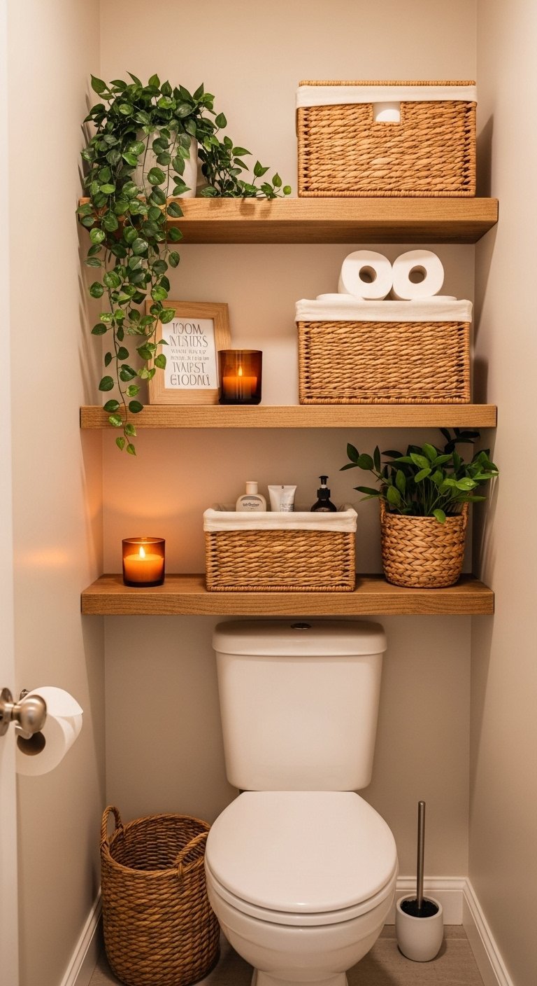 Etagere en bois au dessus des toilettes avec paniers en osier