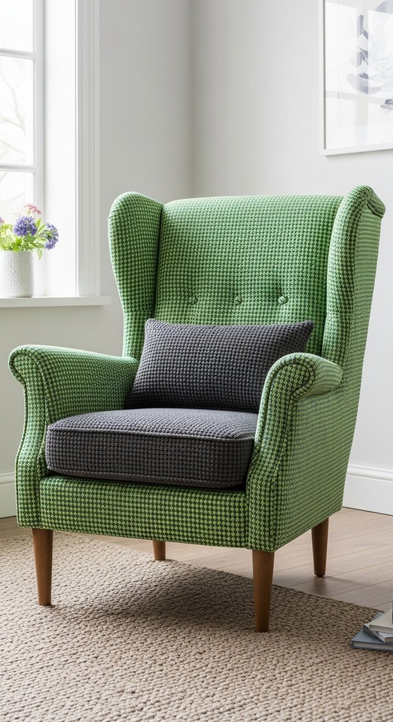 Fauteuil bergère de style wingback avec un motif pied de poule vert et blanc