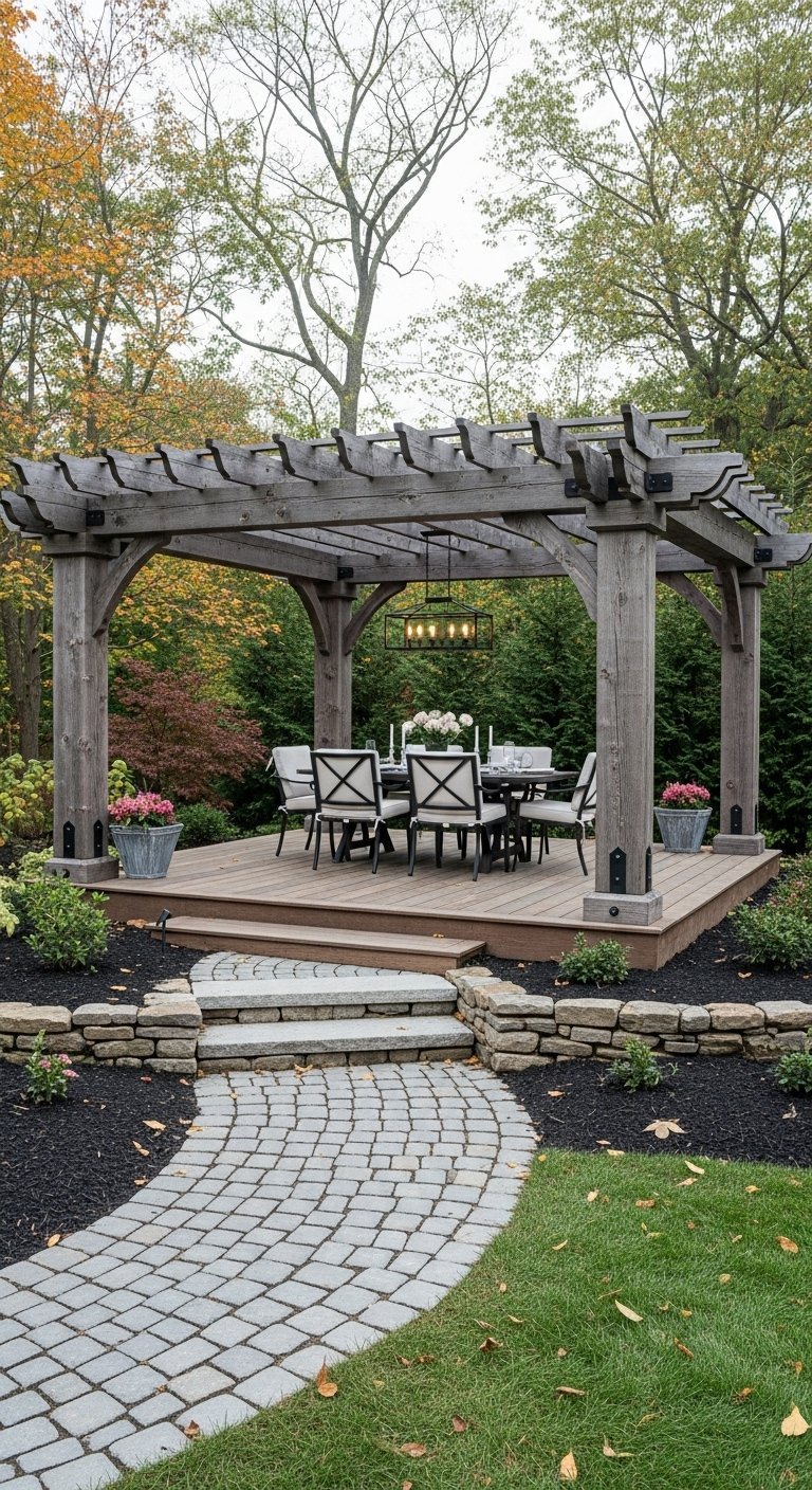 Grande pergola autoportante en bois grisé sur une terrasse surélevée avec table à manger