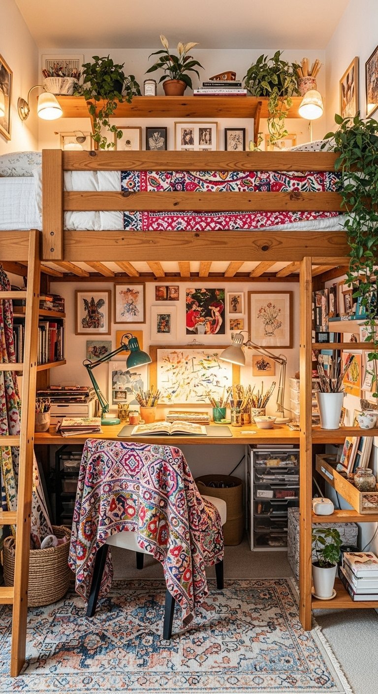 Lit mezzanine en bois avec un bureau d artiste complet aménagé en dessous