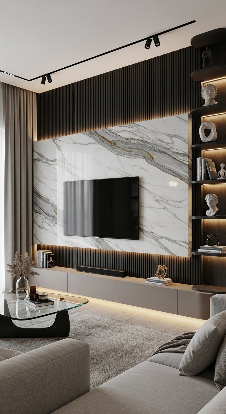 Mur TV de salon luxueux avec marbre veines or et tasseaux noirs
