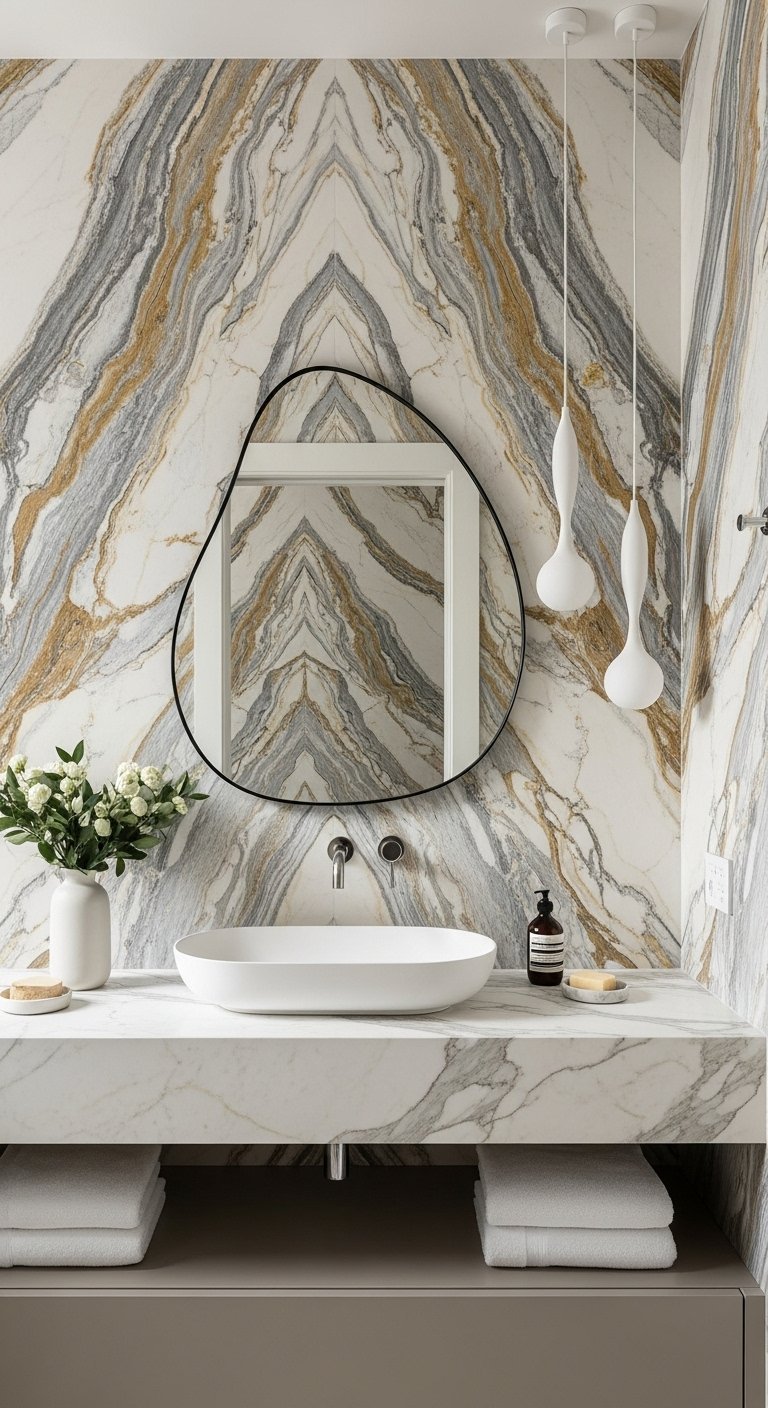 Mur en marbre bookmatch avec vasque et miroir de forme organique