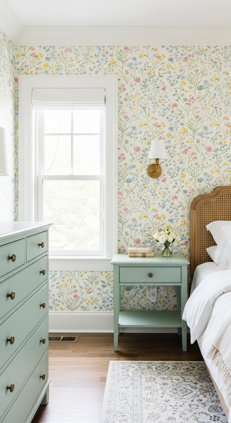 Papier peint a motif de fleurs sauvages pastel dans une chambre avec une commode vert sauge