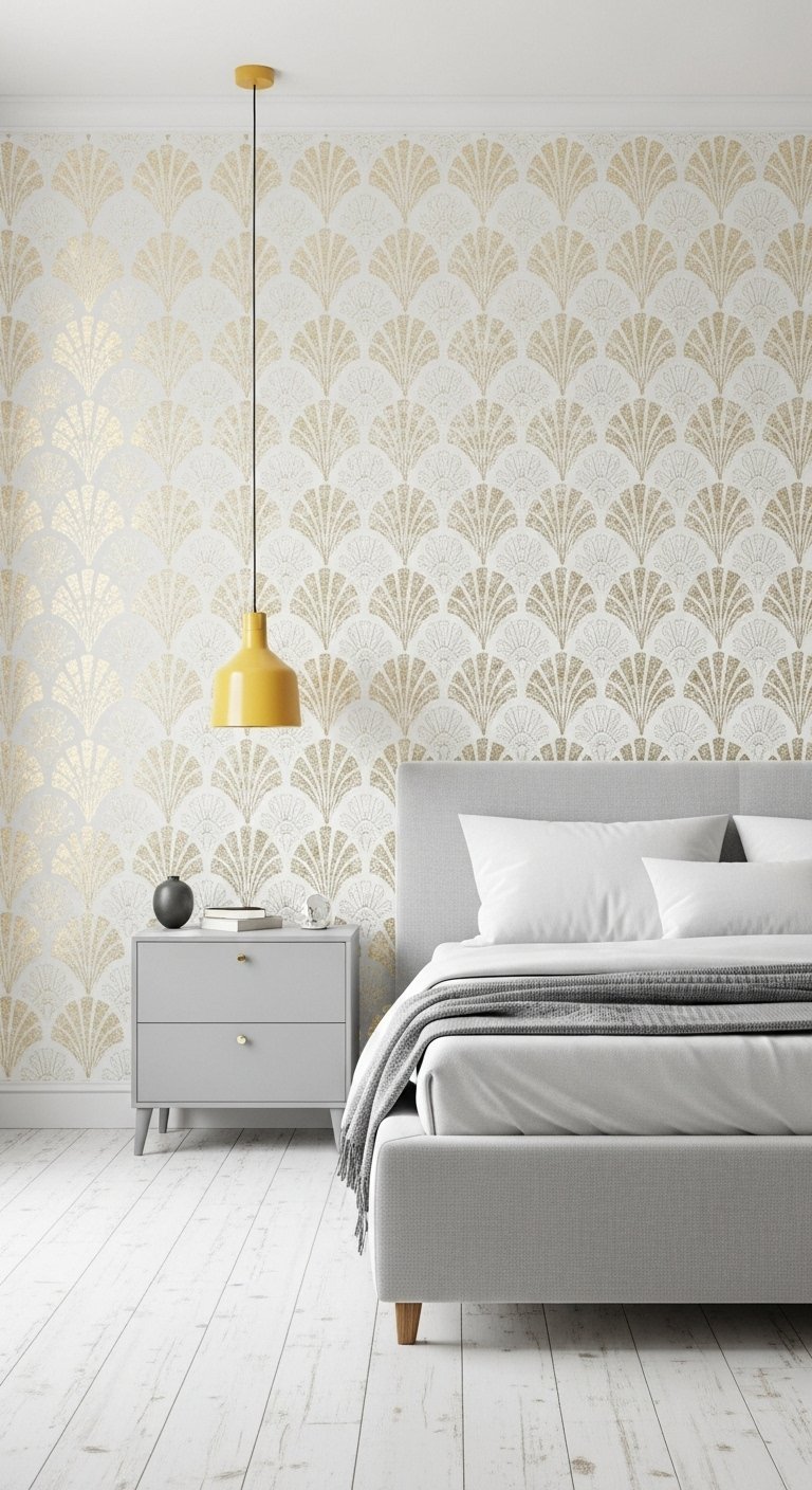 Papier peint blanc et or a motif eventail Art Deco dans une chambre avec lit gris