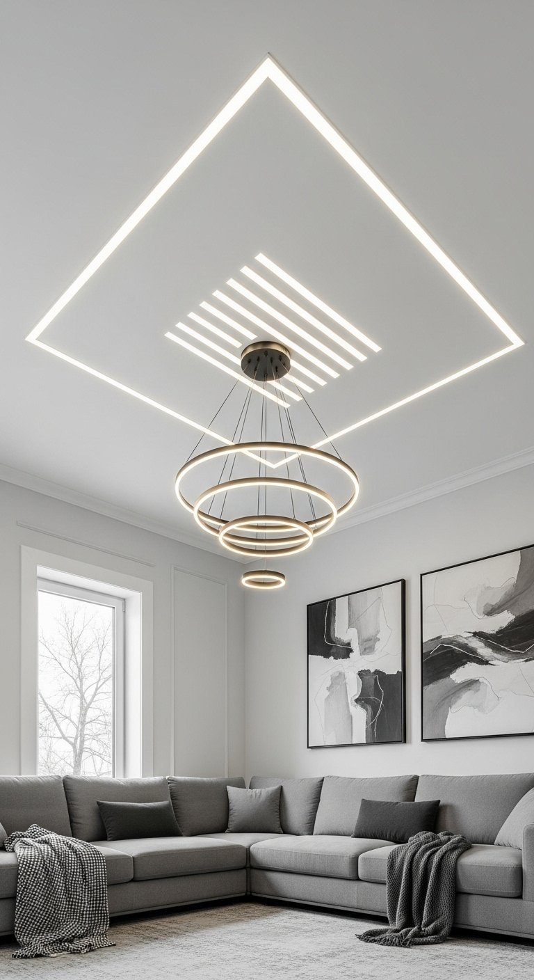 Plafond blanc minimaliste avec un grand carré lumineux et un lustre design