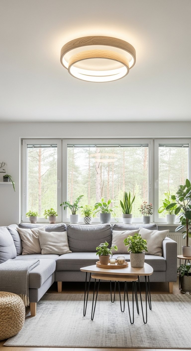 Plafonnier rond scandinave avec finition bois dans un salon lumineux