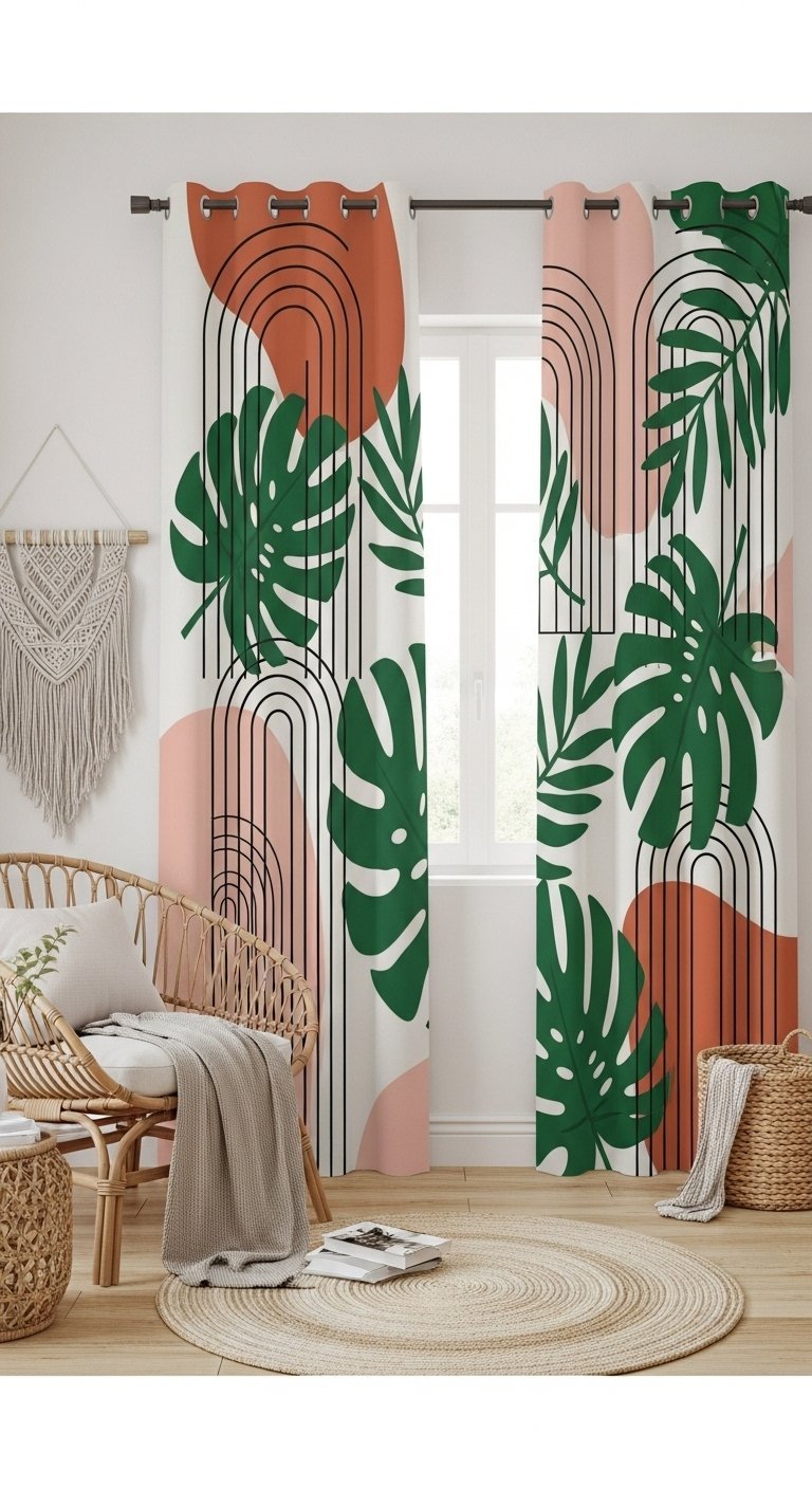 Rideaux blancs à motifs de feuilles de monstera et de formes abstraites colorées