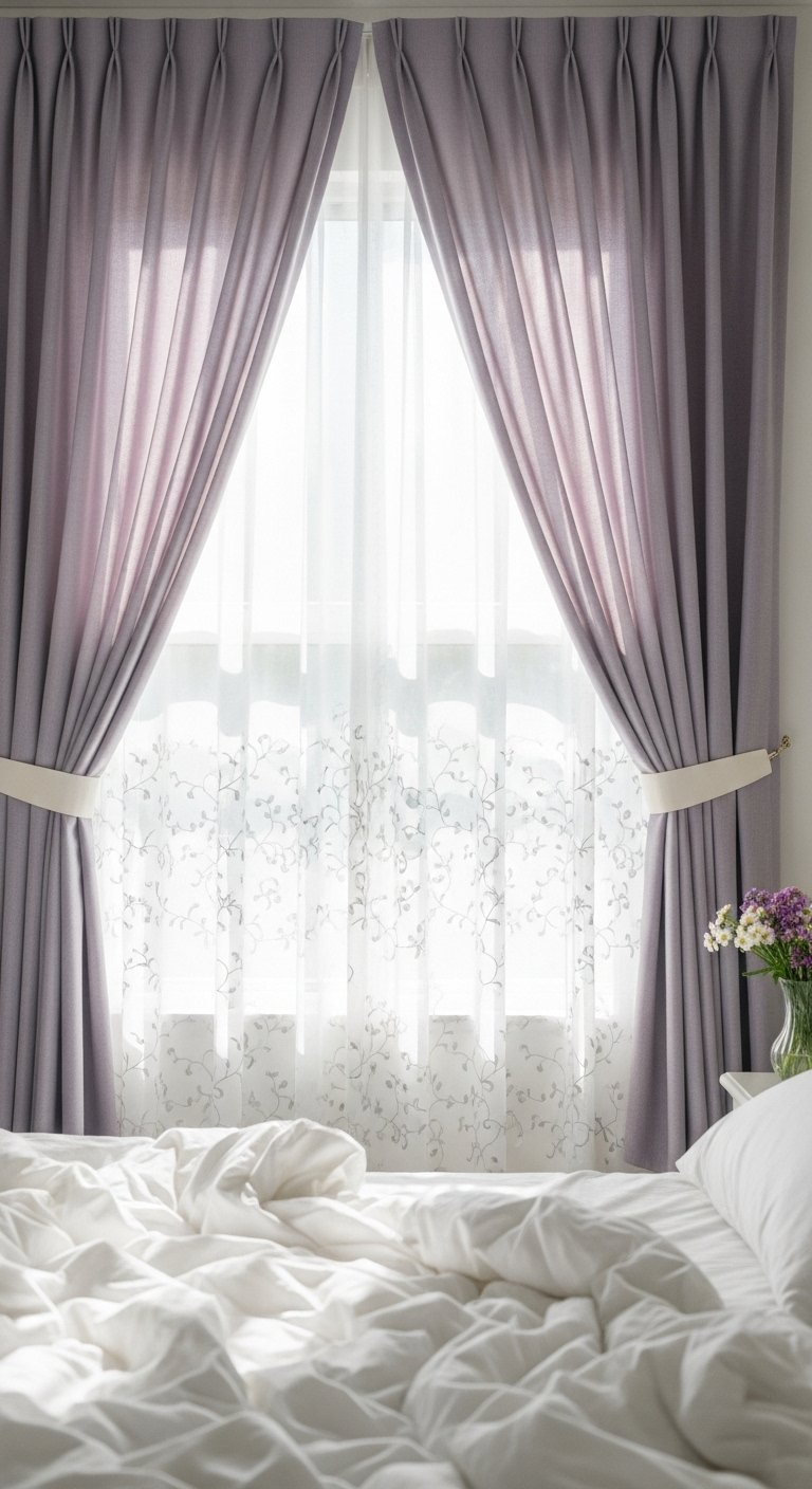 Rideaux couleur lavande tenus par des embrasses en tissu devant un lit blanc