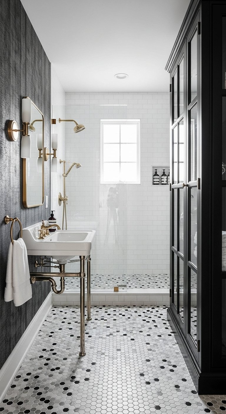 Salle de bain étroite tendance avec sol hexagonal noir et blanc et lavabo sur console
