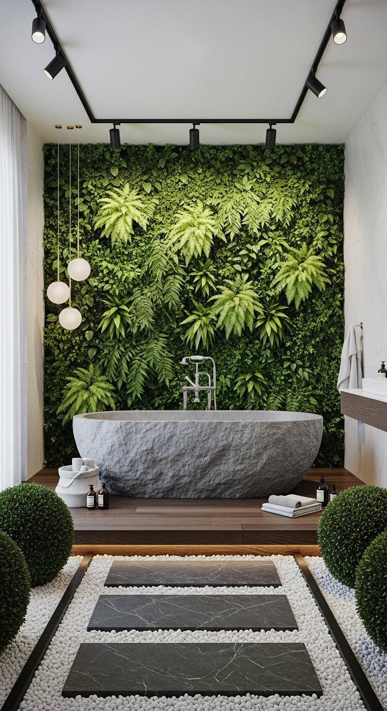 Salle de bain nature avec baignoire en pierre et mur vegetal tropical
