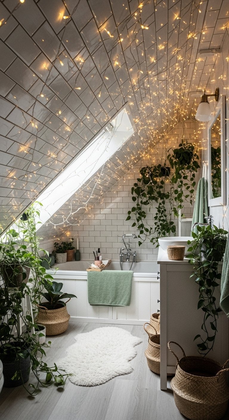 Salle de bain sous pente avec guirlandes lumineuses au plafond et plantes