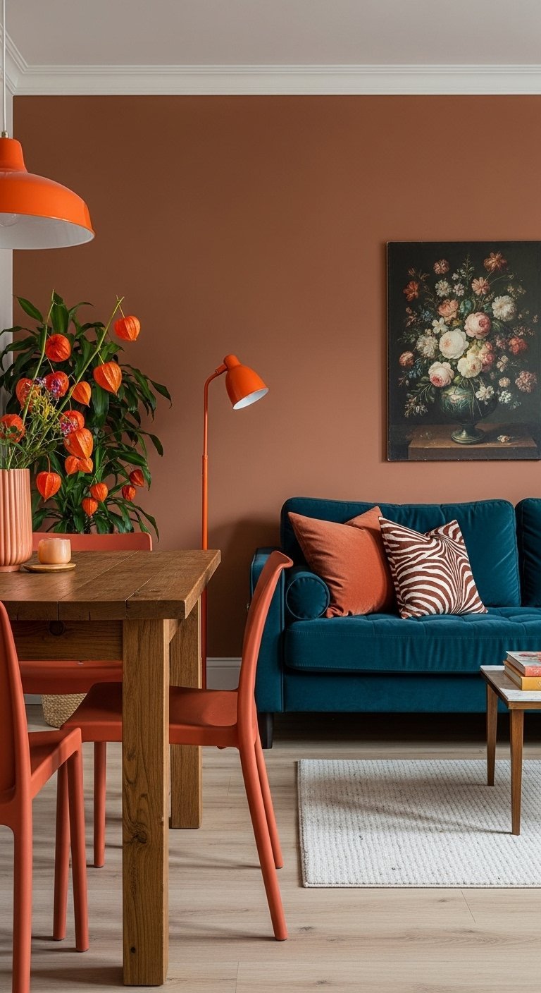 Salon avec mur terracotta canape en velours bleu canard et chaises orange