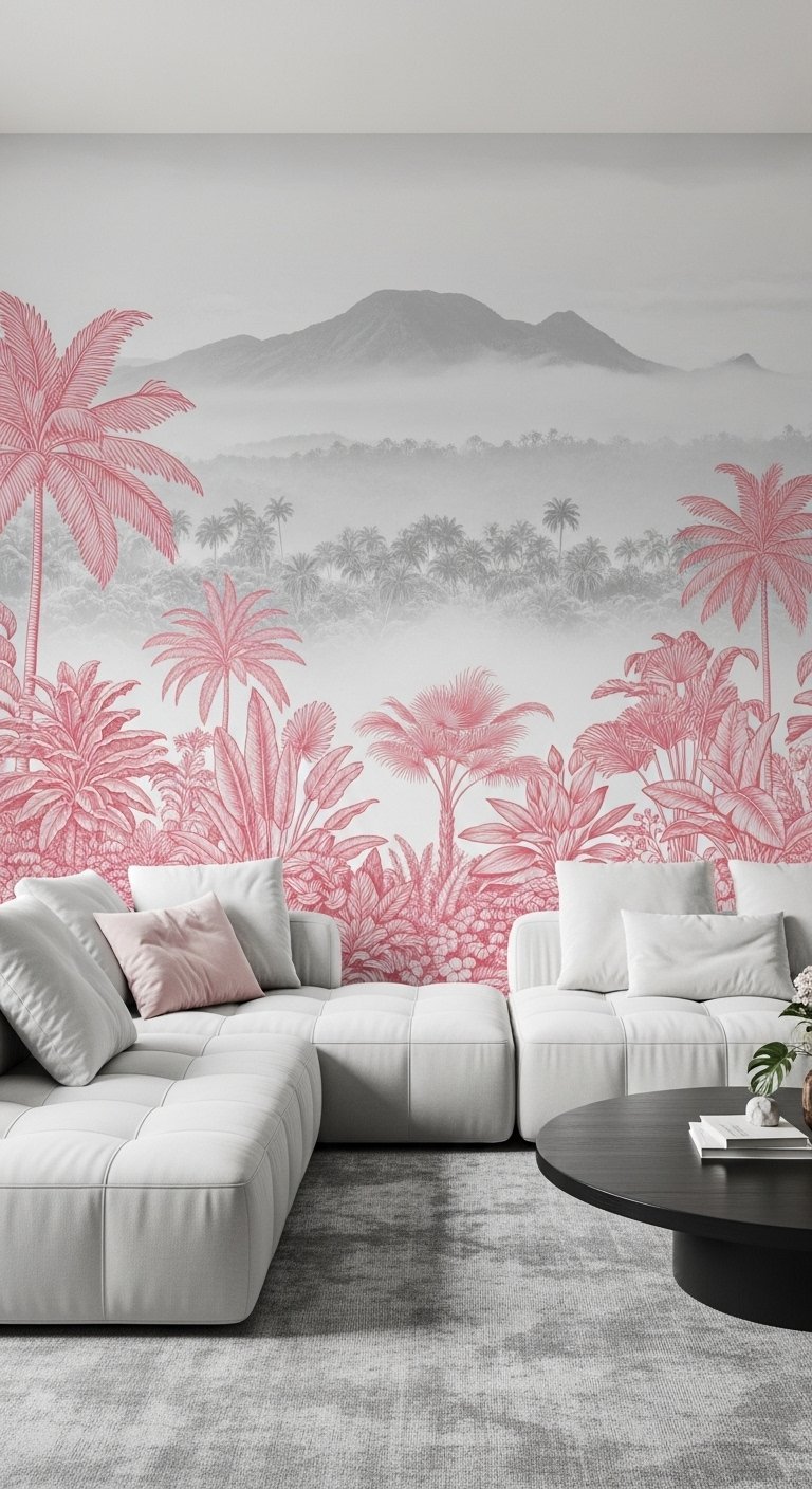 Salon avec papier peint panoramique jungle rose et grise et canapé blanc