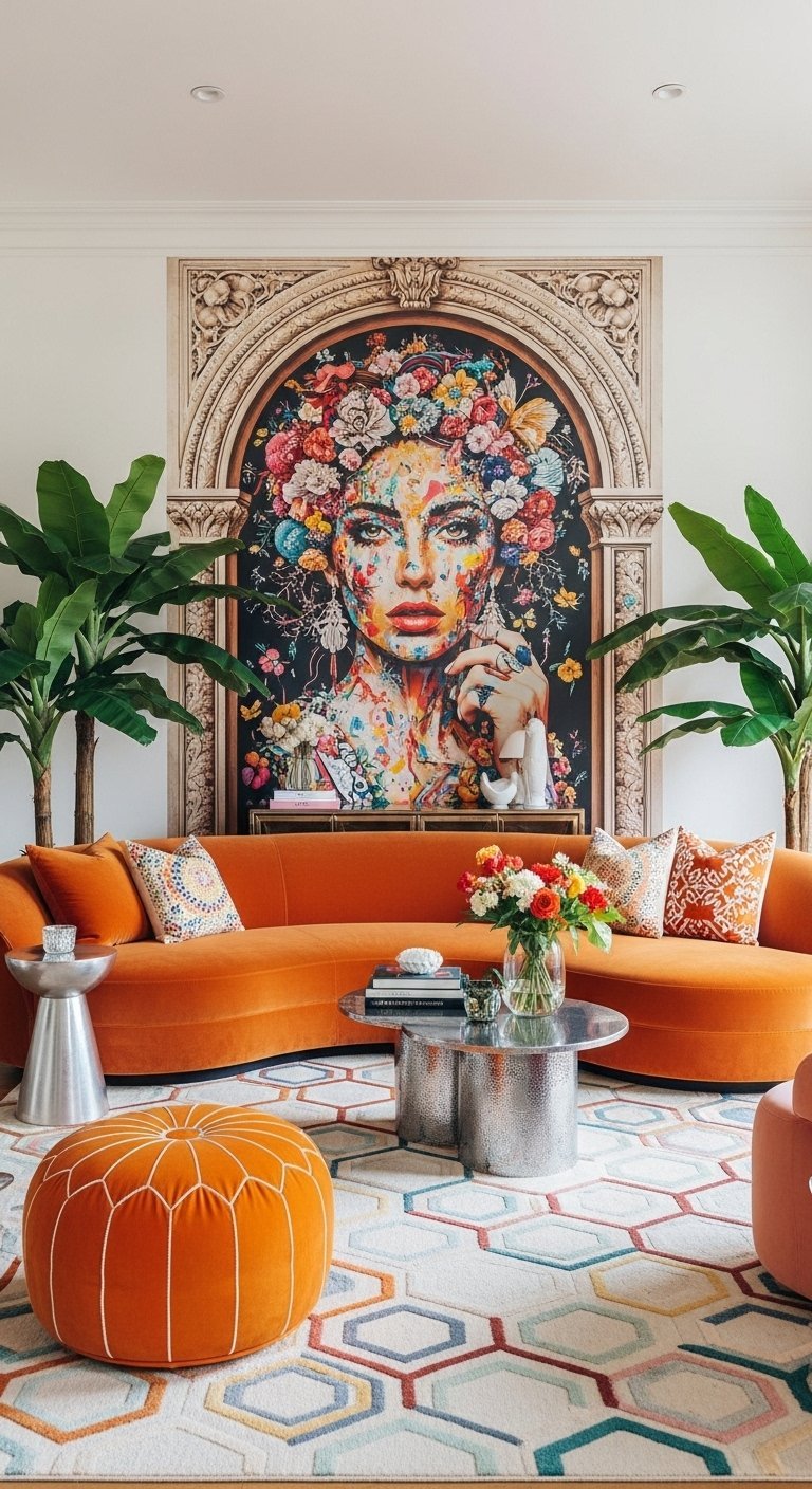 Salon eclectique avec canape courbe orange vif et grande oeuvre d art coloree