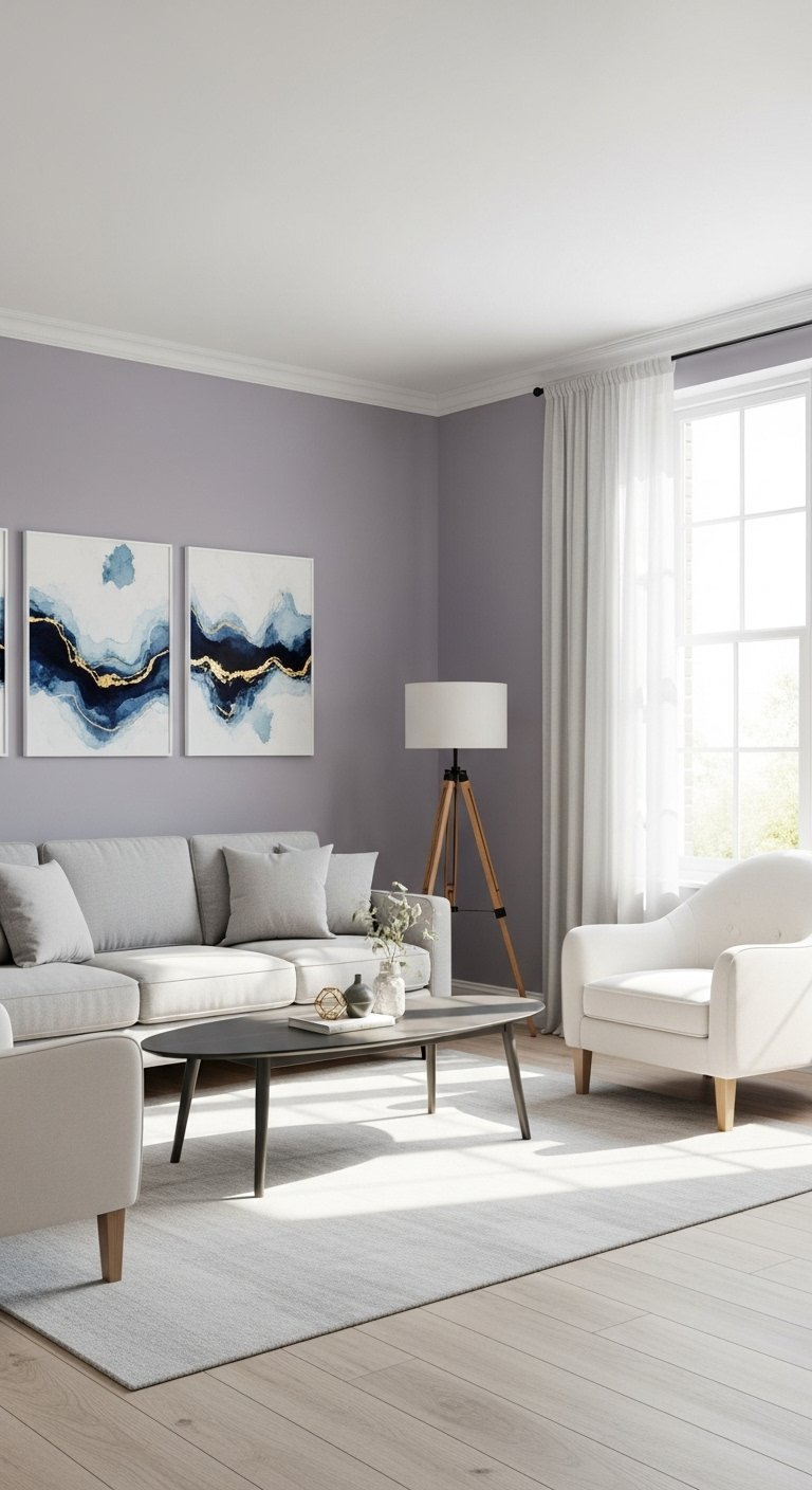 Salon elegant avec murs peints en mauve poudre et mobilier clair