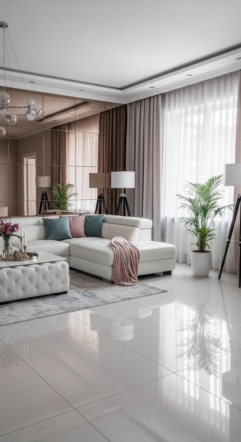 Salon élégant avec un grand canapé d angle en cuir blanc et un mur de miroirs.