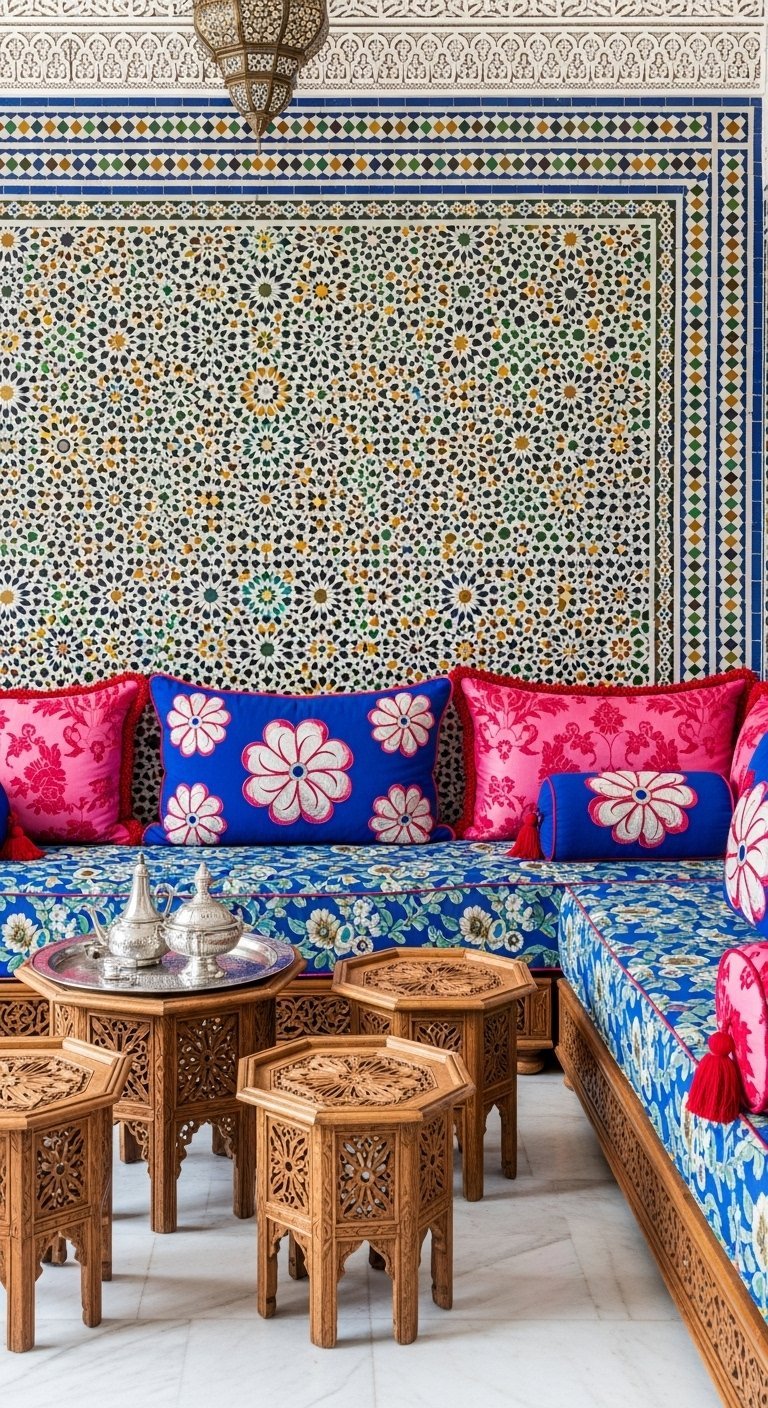 Salon marocain coloré avec zellige mural et coussins fuchsia et bleus