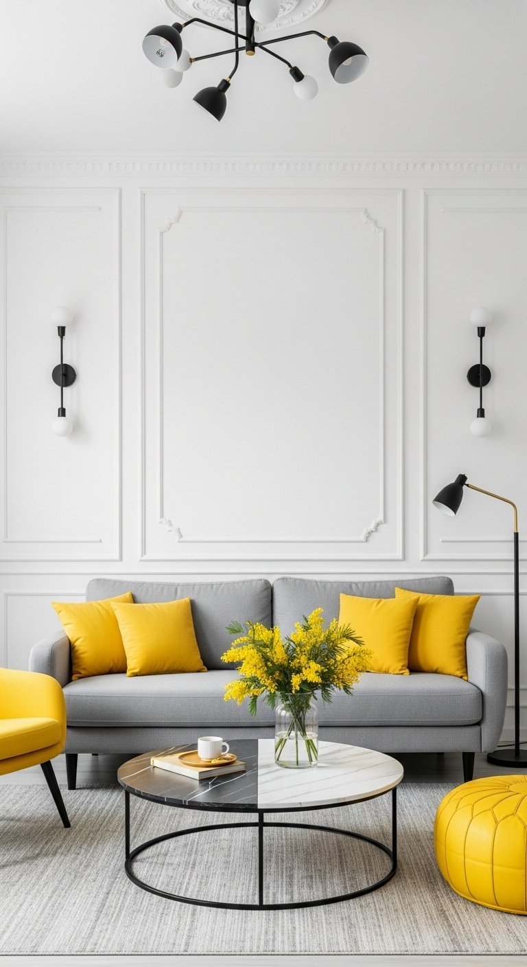 Salon moderne avec murs blancs et moulures et touches de decoration jaune vif