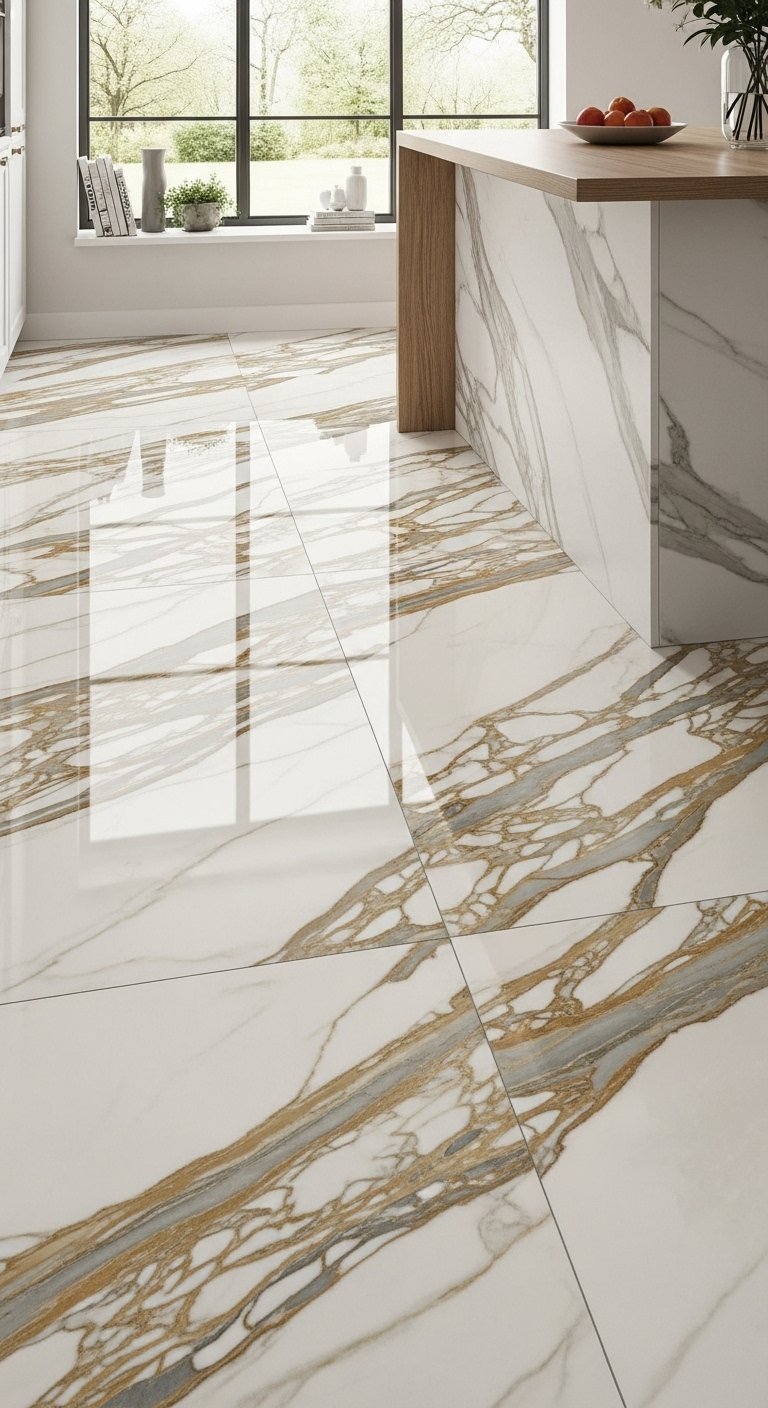 Sol de cuisine en carrelage effet marbre blanc poli avec veines dorees