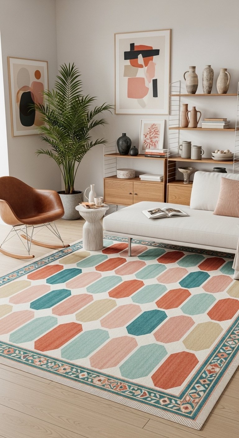 Tapis de salon à motifs géométriques hexagonaux colorés dans un intérieur de style scandinave