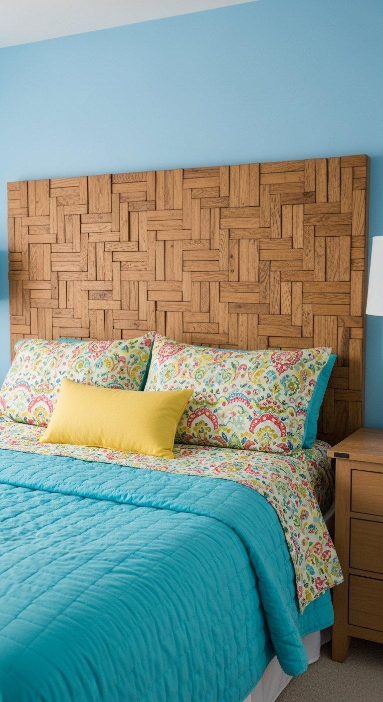 Tete de lit en mosaique de bois clair avec motif de parquet