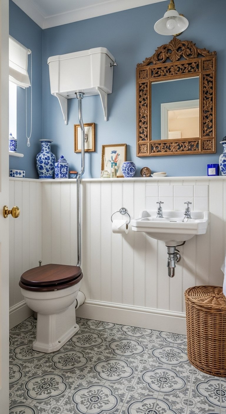 WC de style classique avec murs bleu clair lambris blanc et miroir en bois sculpté