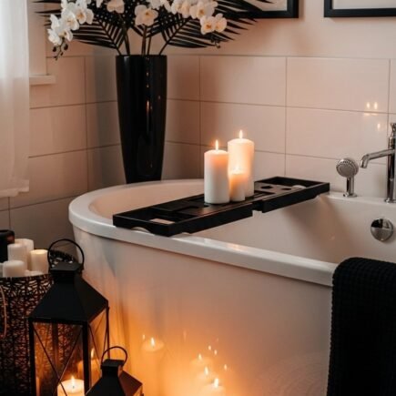 Baignoire blanche avec plateau noir et lanternes noires au sol