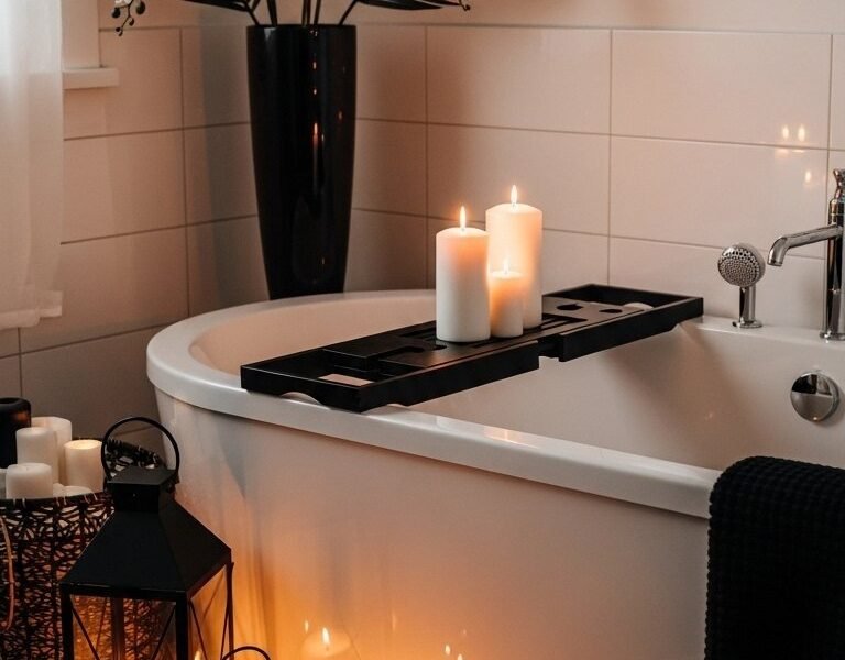 Baignoire blanche avec plateau noir et lanternes noires au sol