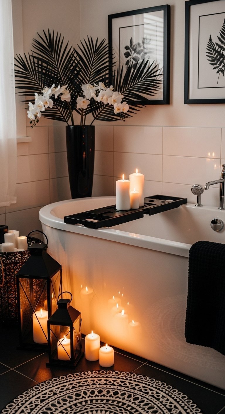 Baignoire blanche avec plateau noir et lanternes noires au sol