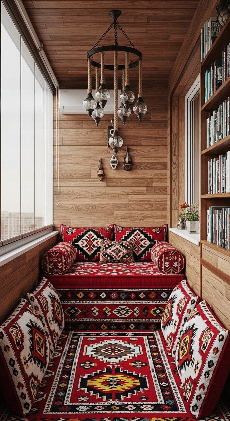 Balcon aménagé en salon oriental avec une banquette au sol et des tapis rouges à motifs