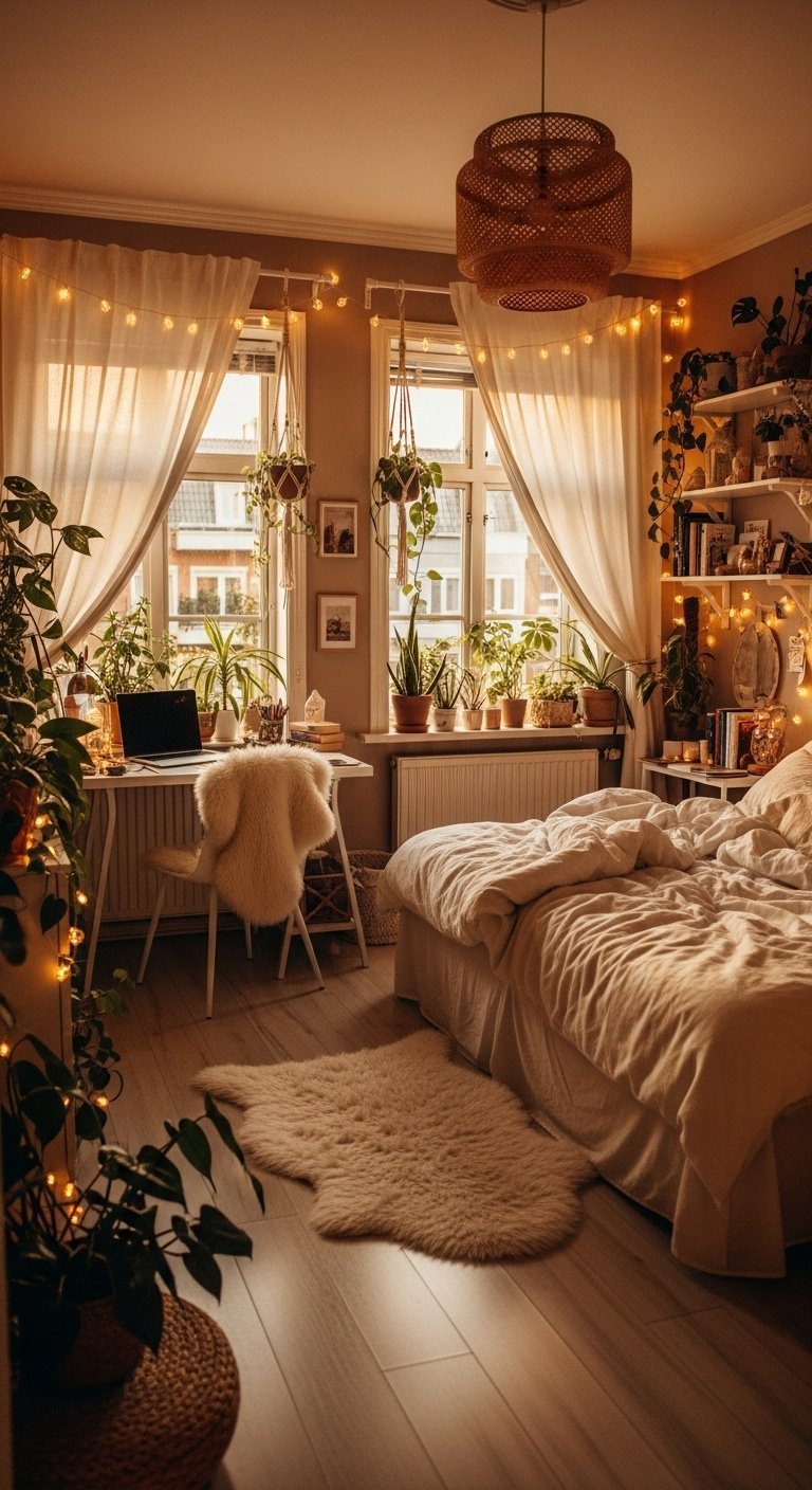 Bureau en bois sous une fenêtre avec des plantes et des guirlandes lumineuses
