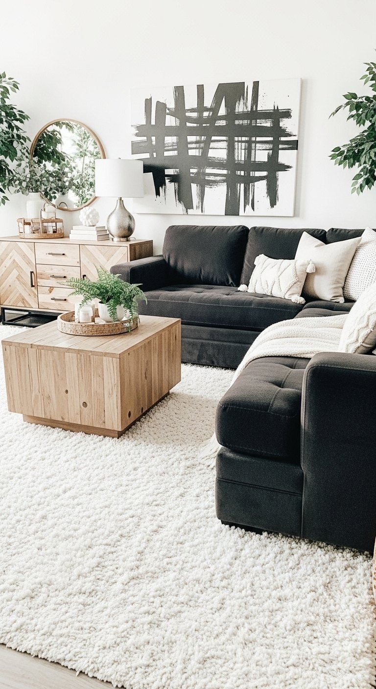 Canapé d angle gris foncé avec table basse en bois brut et tapis blanc