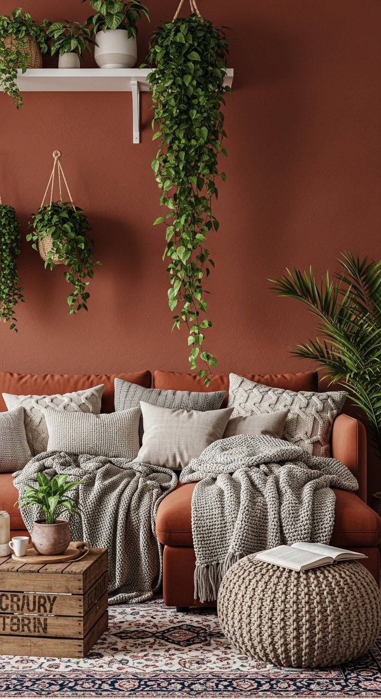 Canape terracotta recouvert de plaids et coussins gris avec plantes suspendues