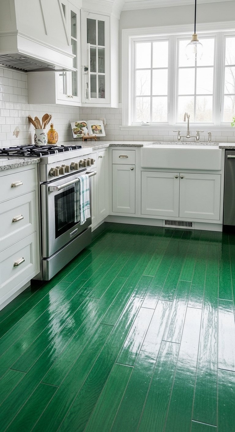 Carrelage de sol vert emeraude brillant effet bois dans une cuisine blanche