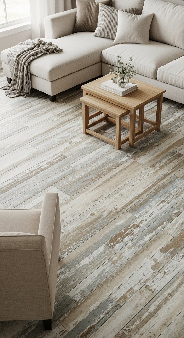 Carrelage imitation bois vieilli et délavé dans un salon style côtier